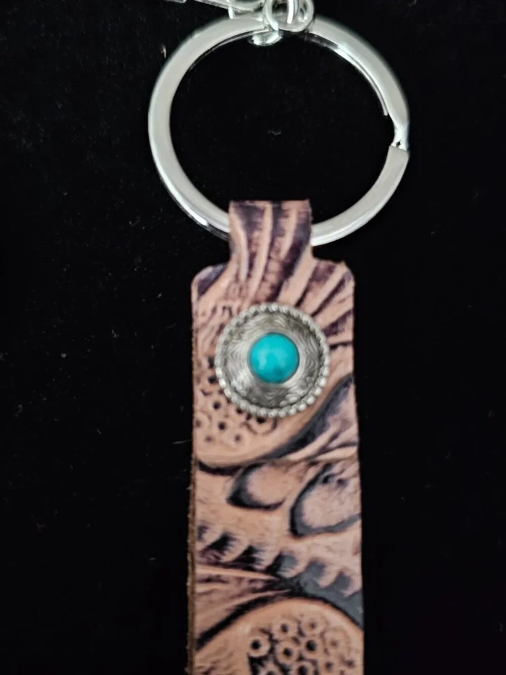 Leather Western Boho Embossed Cowhide Keychain Charm New Brown Turquoise